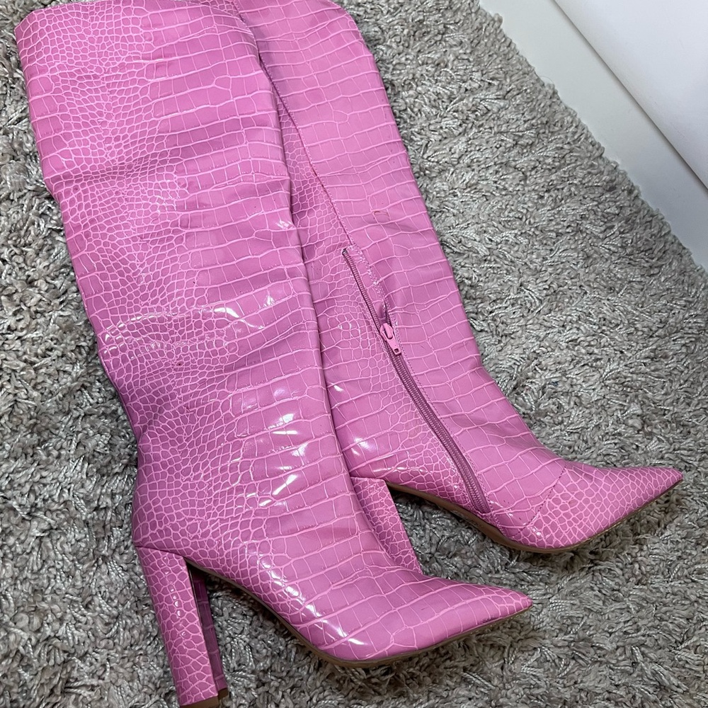 Pink Croc-Embossed Knee-High Boots